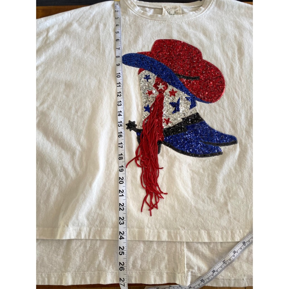 Fantastic Fawn Cowboy Boot Sequin T-Shirt Patriotic USA Oversized Tee M EUC - Picture 12 of 12